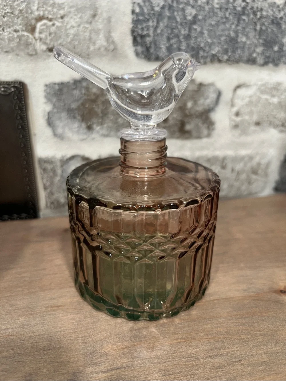 Glass Bird-Topped Vanity Jar in Smoky Rose Brown and Clear